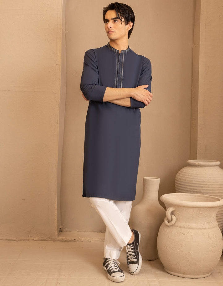Blended Navy Blue Kurta - J. Junaid Jamshed