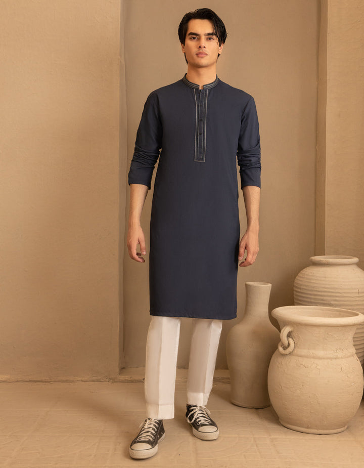 Blended Navy Blue Kurta - J. Junaid Jamshed