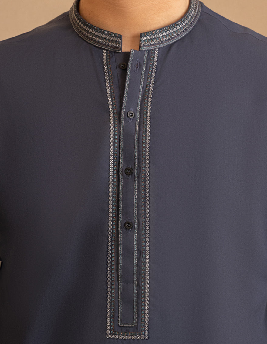 Blended Navy Blue Kurta - J. Junaid Jamshed