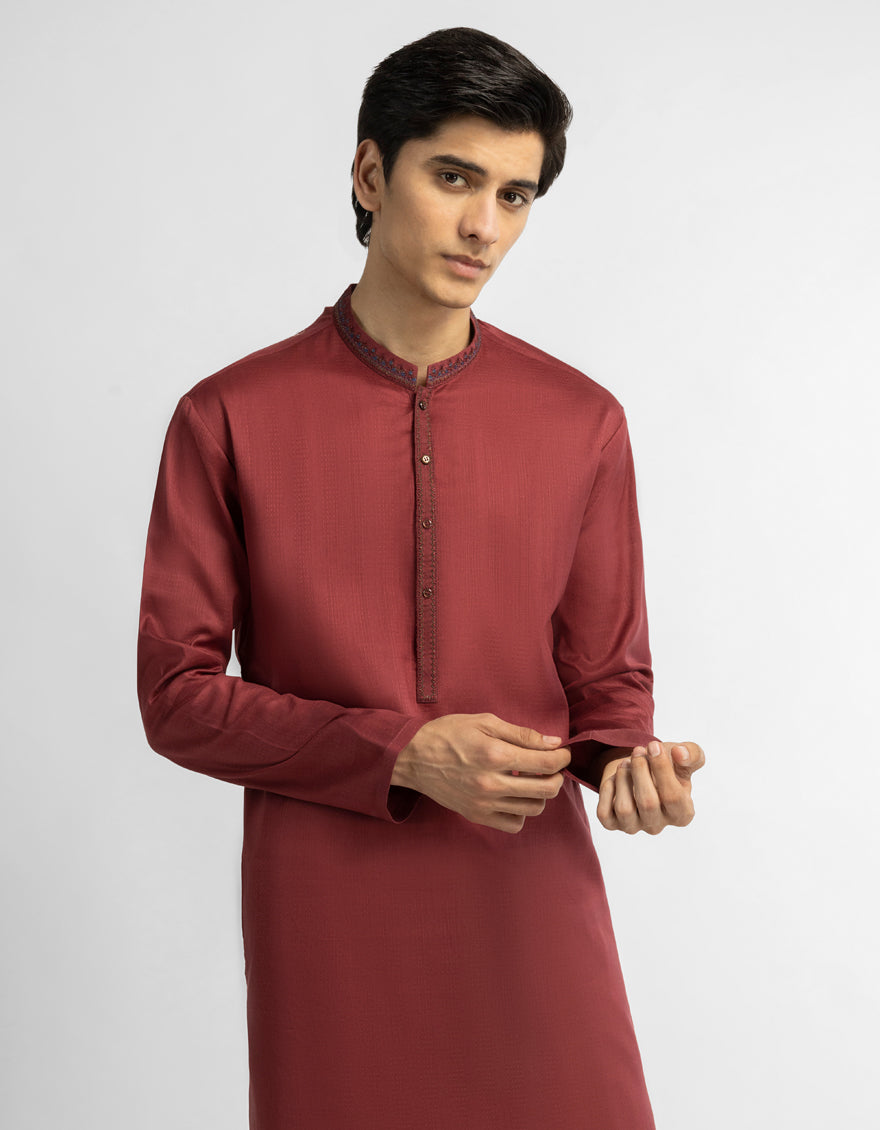 Cotton Maroon Kurta - J. Junaid Jamshed
