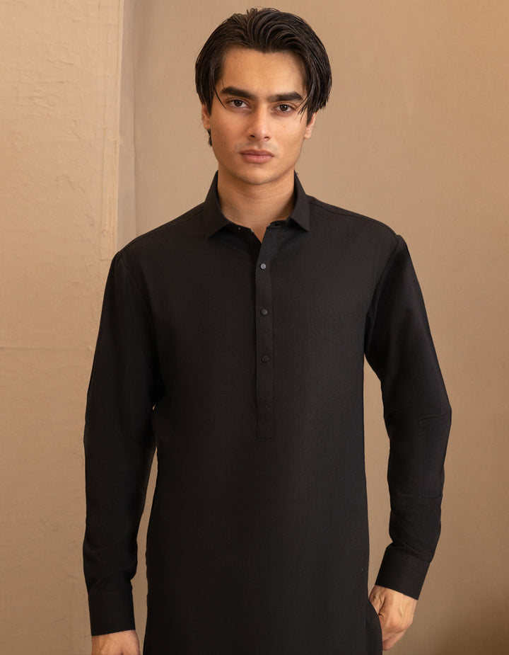 Blended Black Kurta - J. Junaid Jamshed