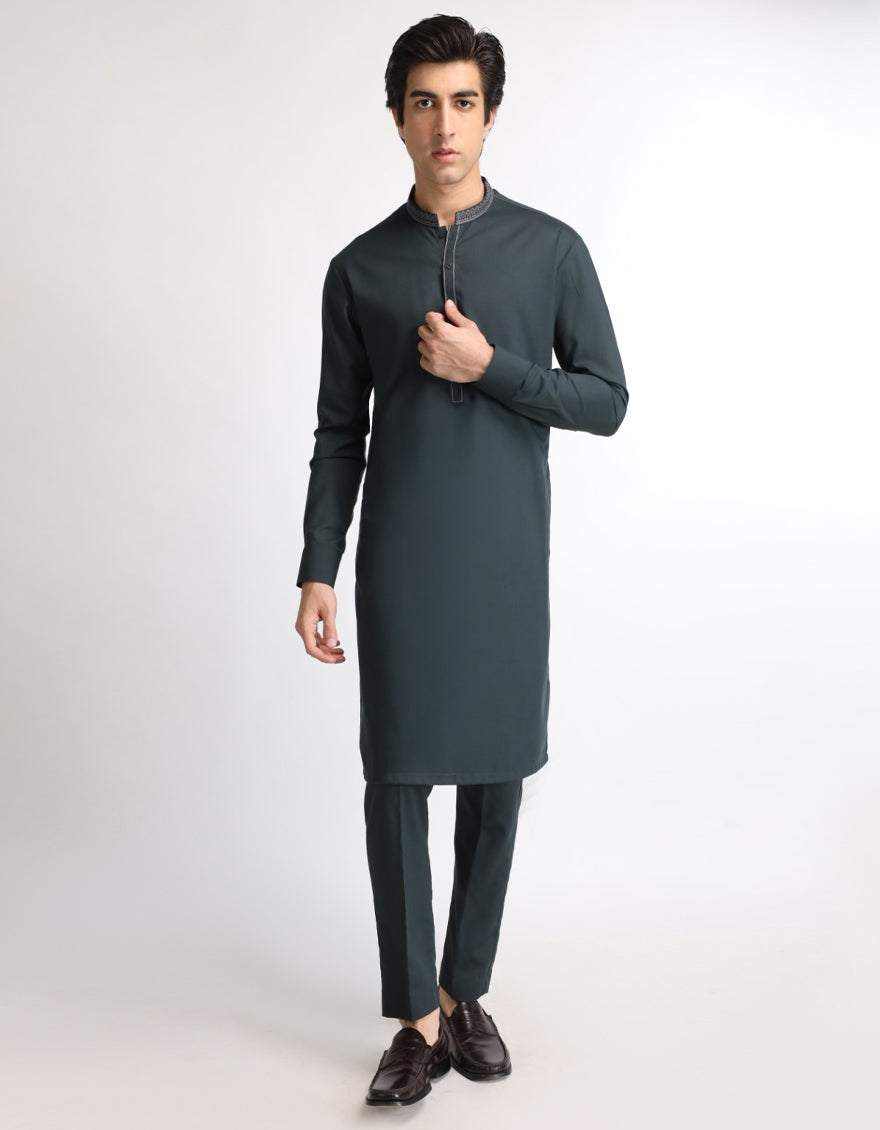 Blended Dark Green Kurta Trouser - J. Junaid Jamshed