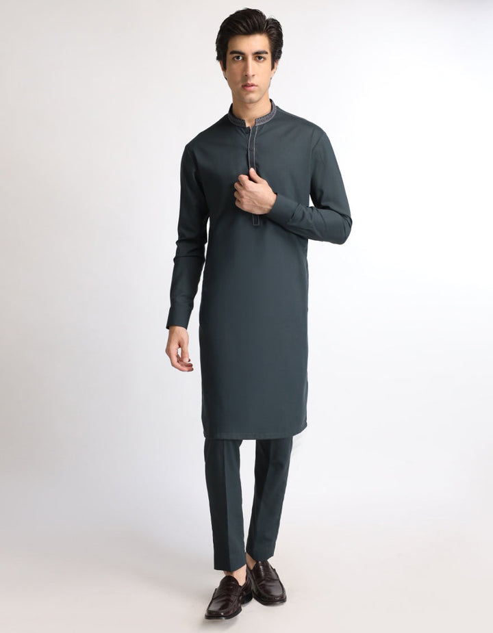 Blended Dark Green Kurta Trouser - J. Junaid Jamshed