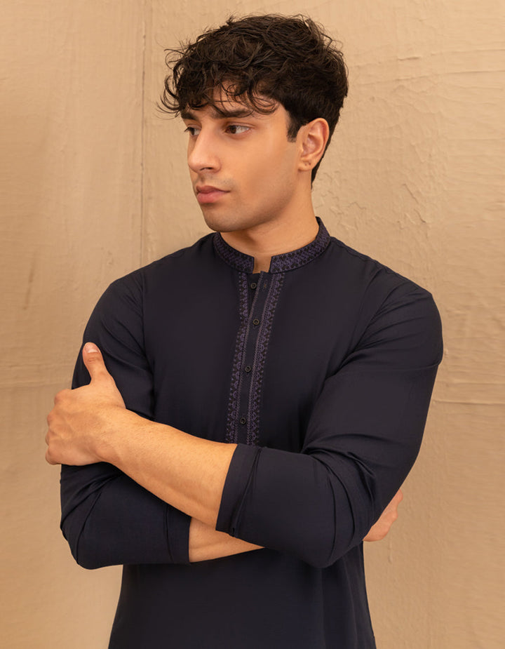 Blended Navy Blue Shalwar Kameez - J. Junaid Jamshed