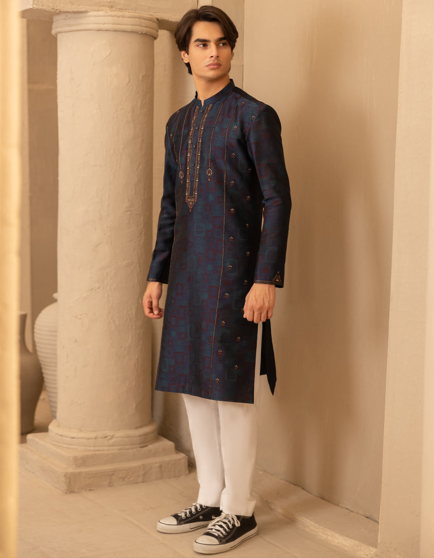 Polyester Bluish Green Special Kurta - J. Junaid Jamshed