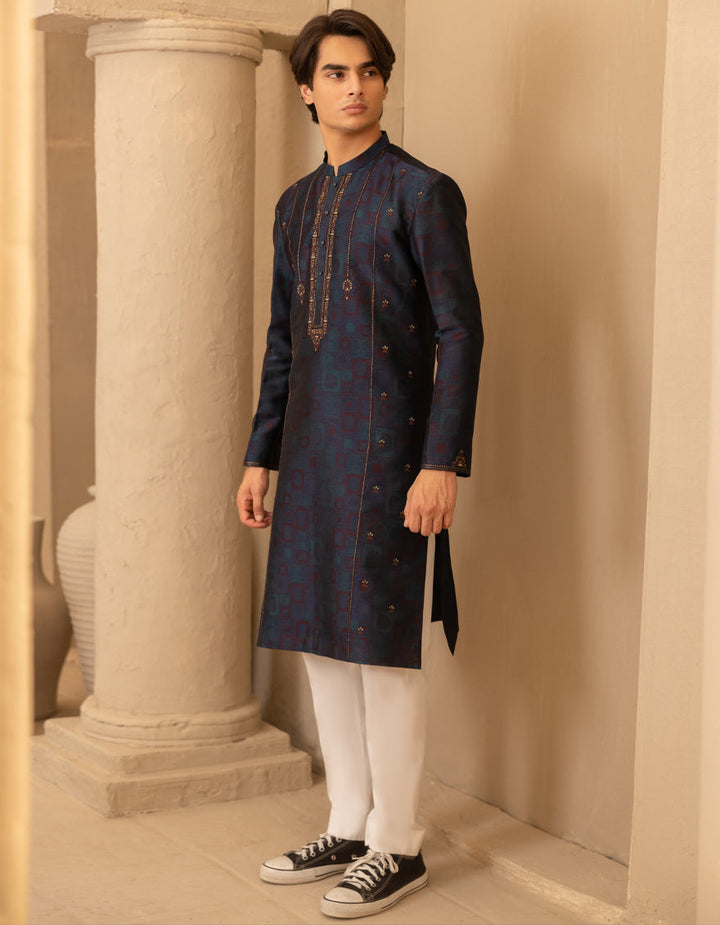Polyester Bluish Green Special Kurta - J. Junaid Jamshed