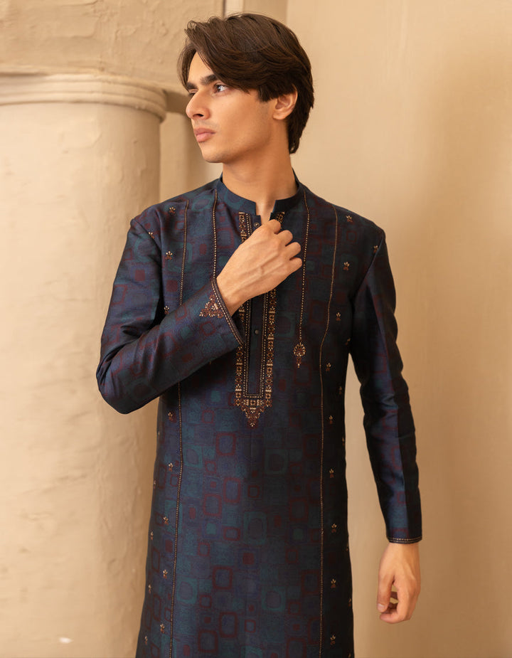 Polyester Bluish Green Special Kurta - J. Junaid Jamshed