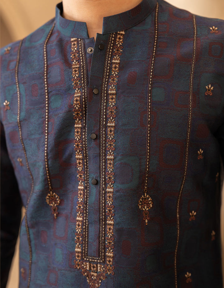 Polyester Bluish Green Special Kurta - J. Junaid Jamshed
