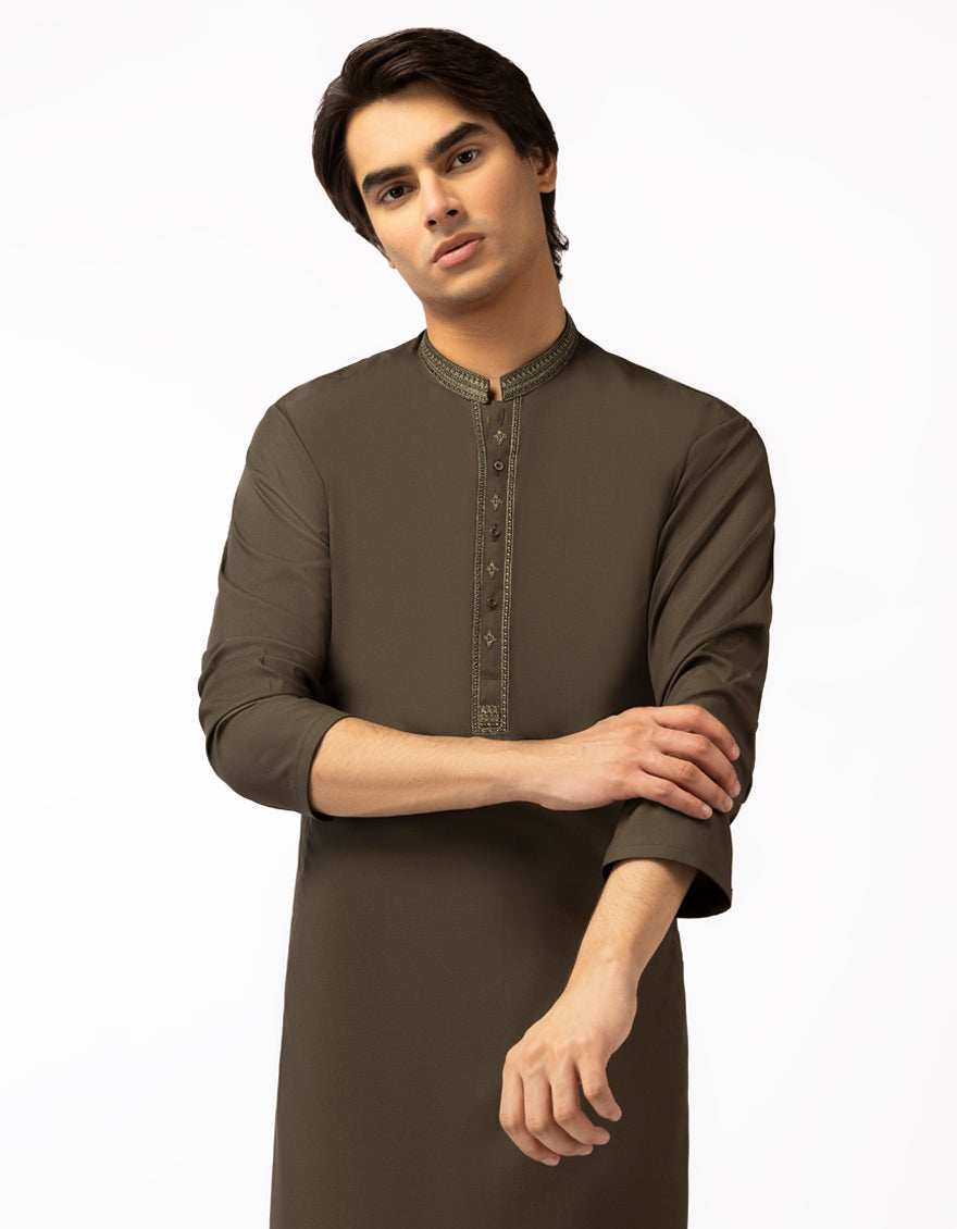 Blended Mehndi Green Kurta Trouser - J. Junaid Jamshed