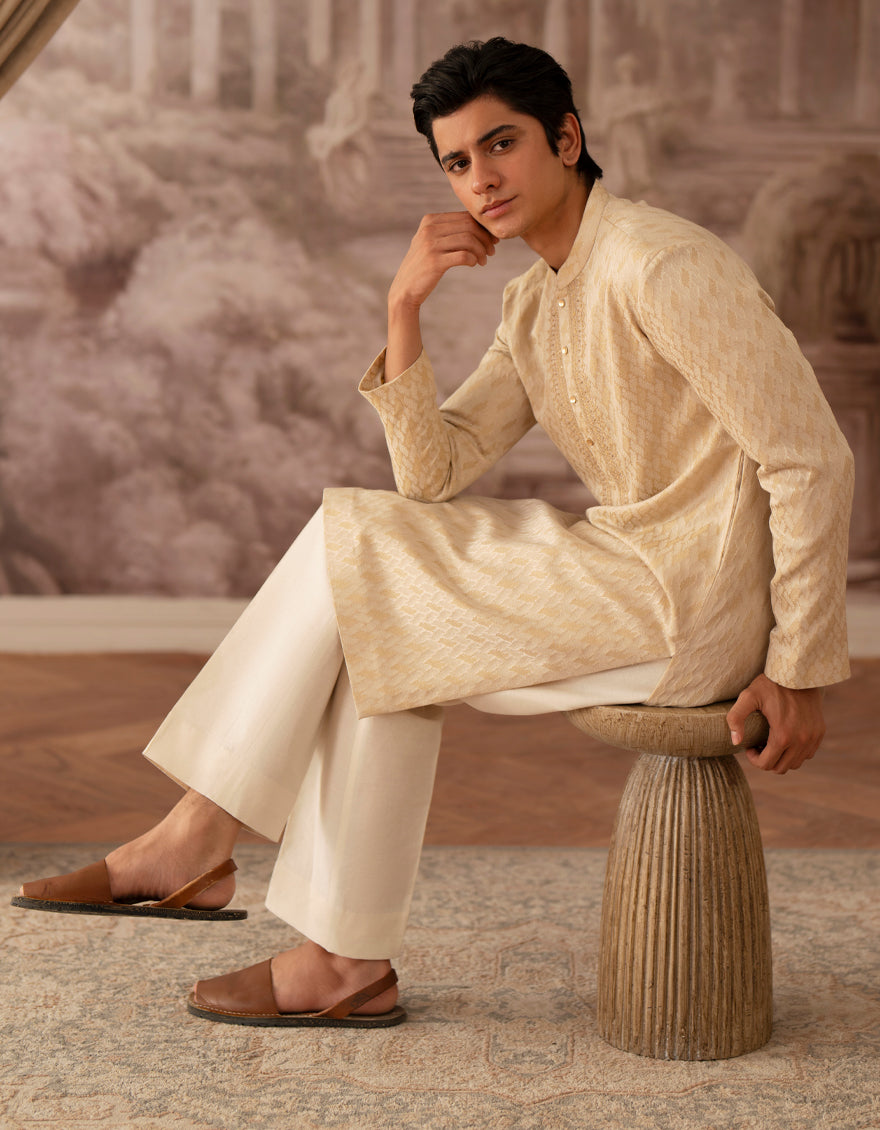 Polyester Cream Kurta - J. Junaid Jamshed