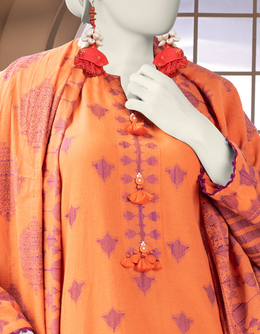 Jacquard Orange Stitched Suit - J. Junaid Jamshed