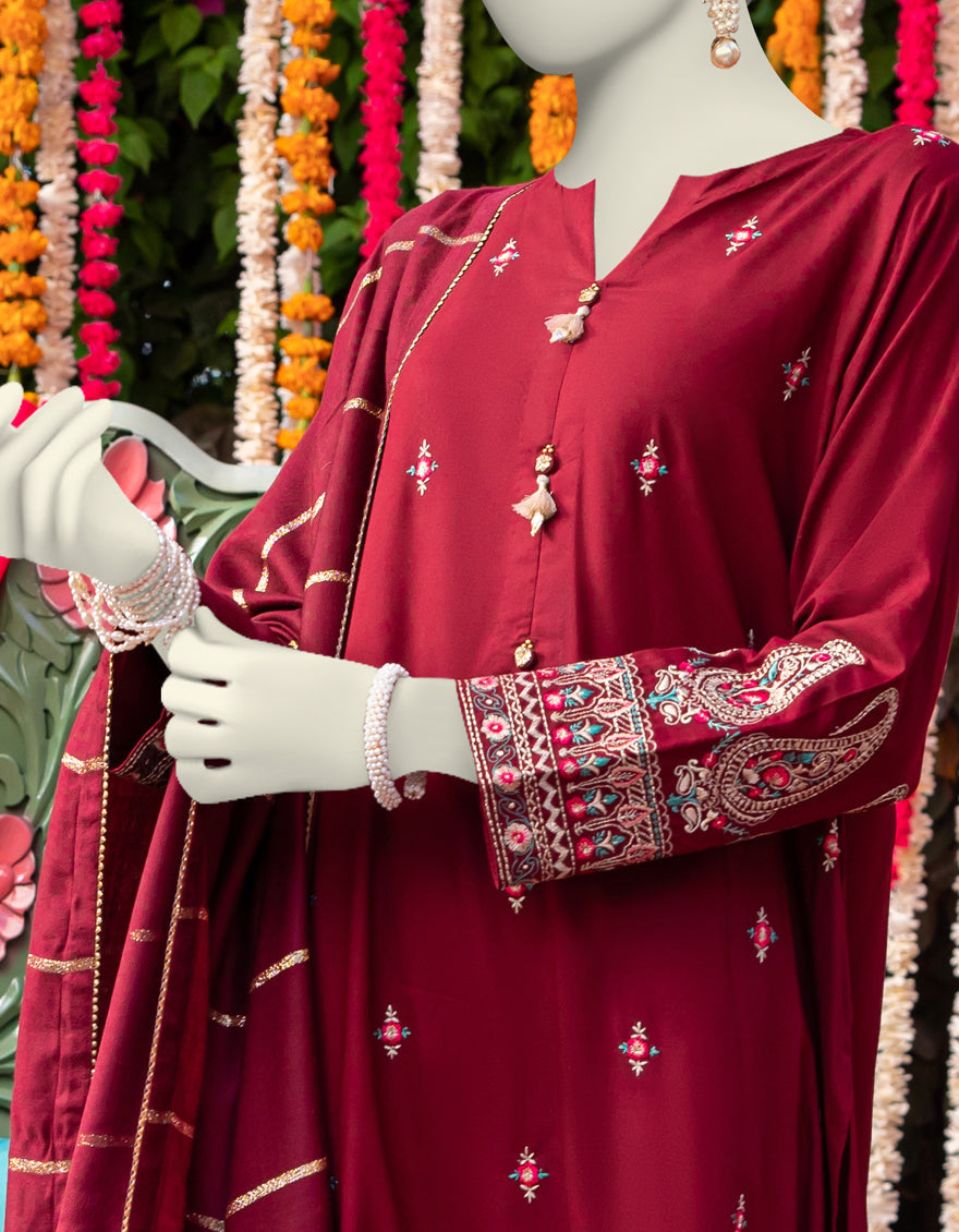 Linen Red Stitched Suit - J. Junaid Jamshed