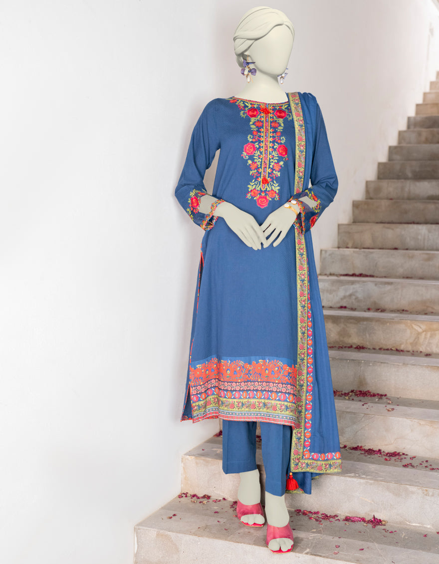 Dobby Blue Stitched Suit - J. Junaid Jamshed