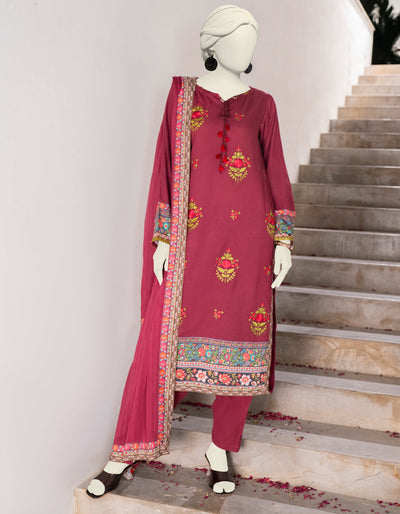 Dobby Maroon Stitched Suit - J. Junaid Jamshed