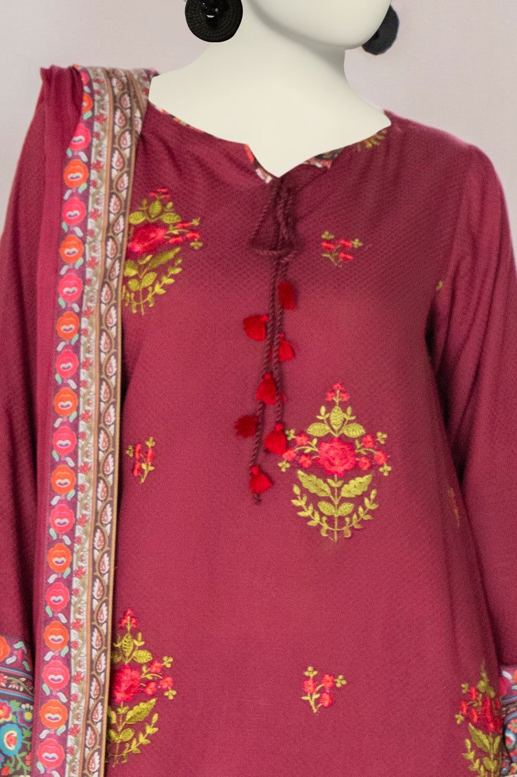 Dobby Maroon Stitched Suit - J. Junaid Jamshed