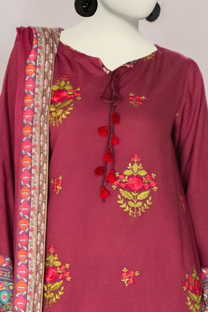 Dobby Maroon Stitched Suit - J. Junaid Jamshed
