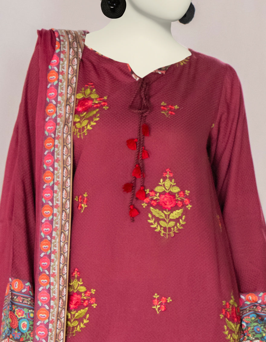 Dobby Maroon Stitched Suit - J. Junaid Jamshed