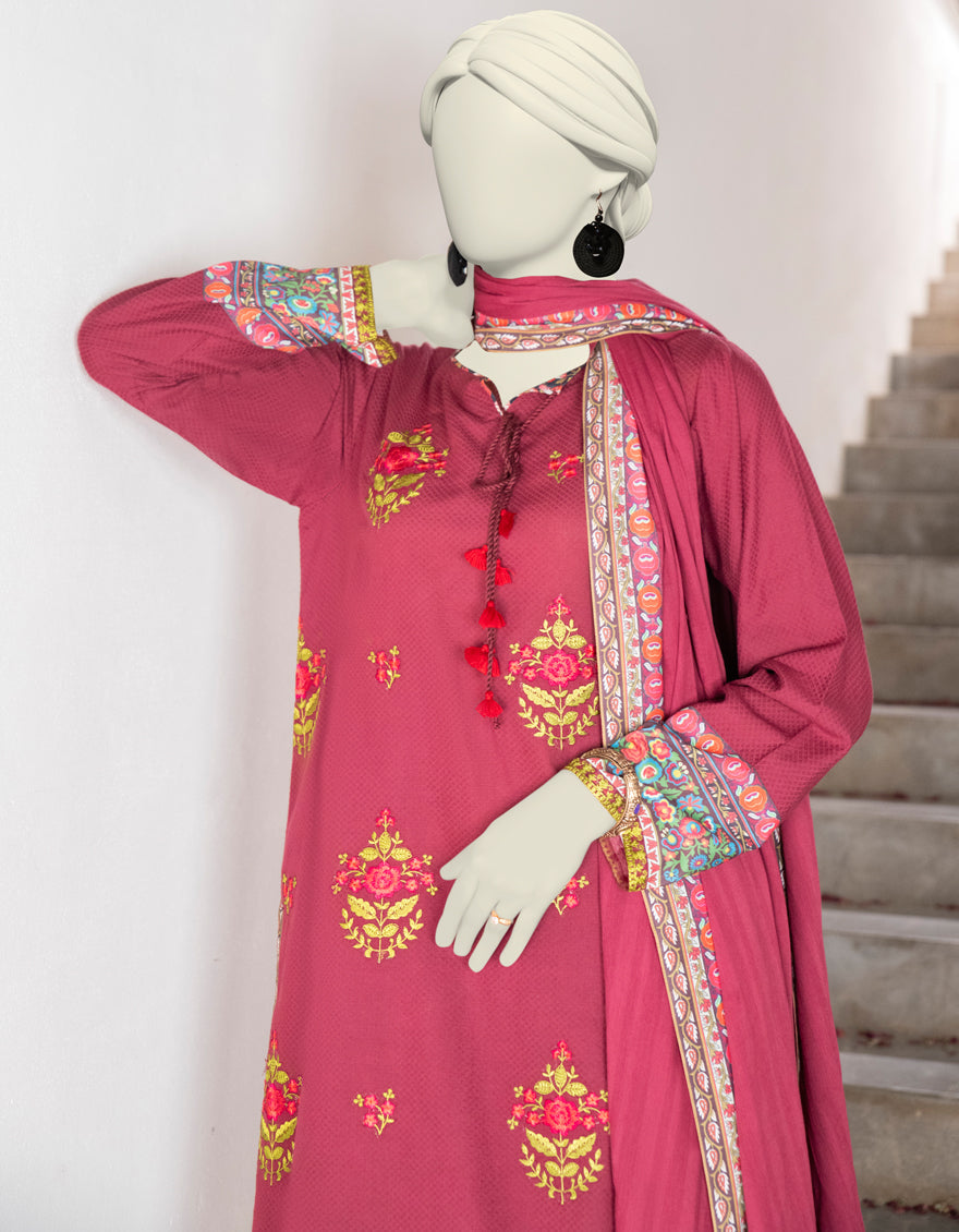 Dobby Maroon Stitched Suit - J. Junaid Jamshed