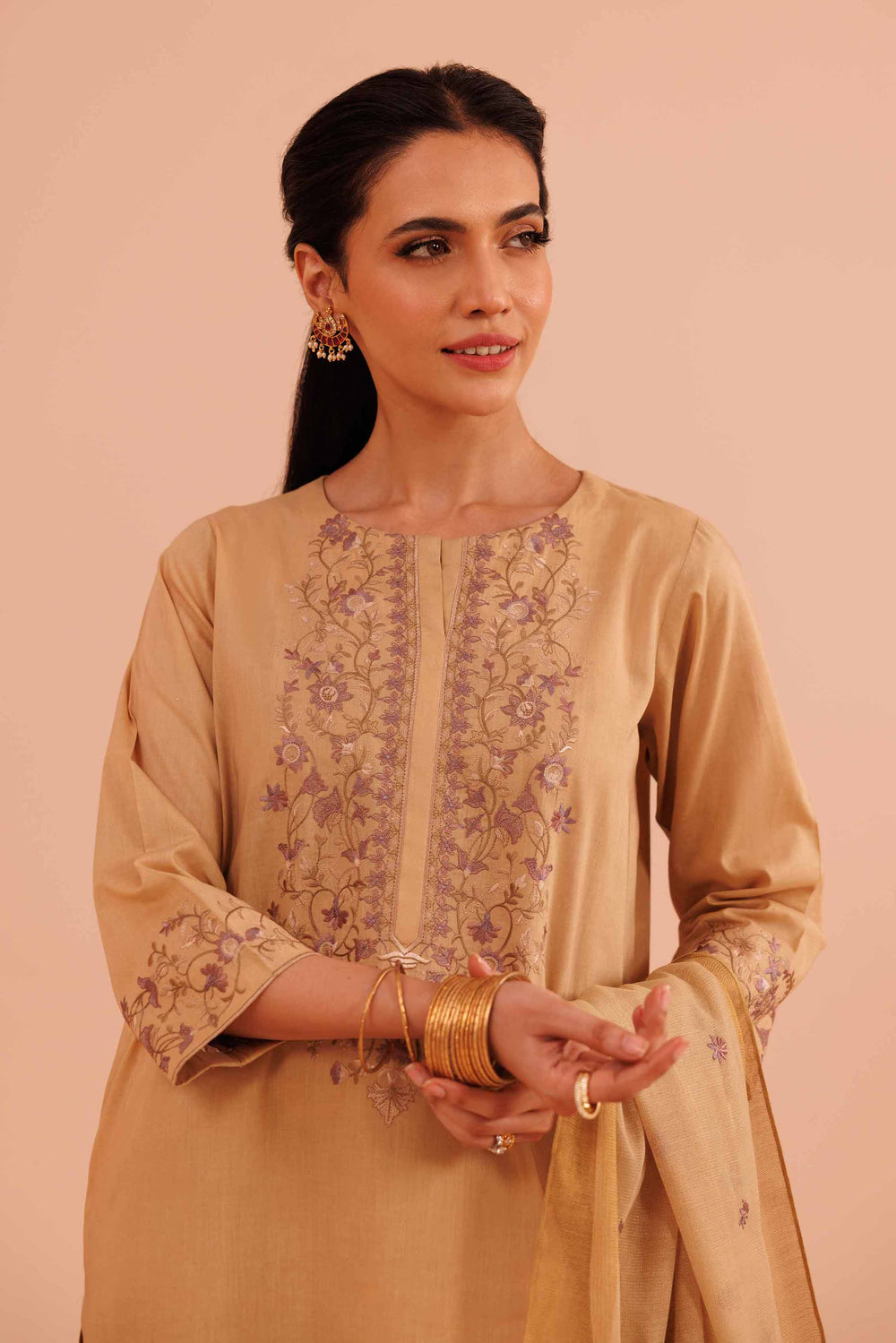 Embroidered Gold 3 Piece Suit - Nishat