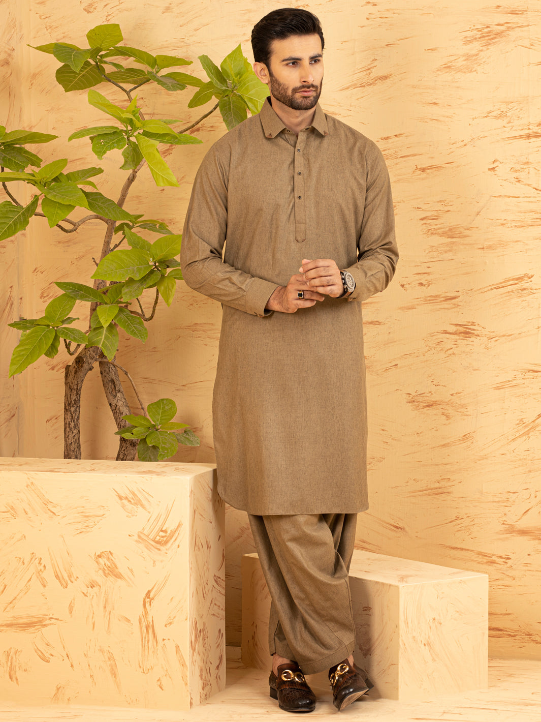 Polyester Khaki Brown Shalwar Kameez - Almirah