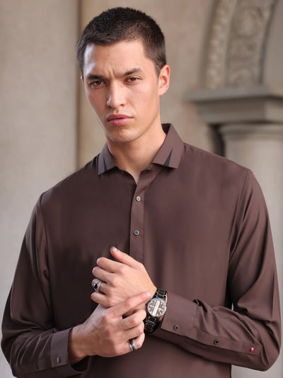 Blended Dark Brown Shalwar Kameez - Wasim Akram by Almirah