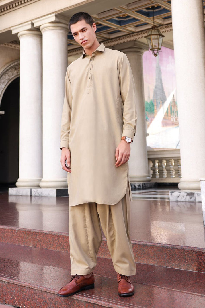 Polyester Viscose Dull Khaki Kurta Shalwar - Wasim Akram by Almirah