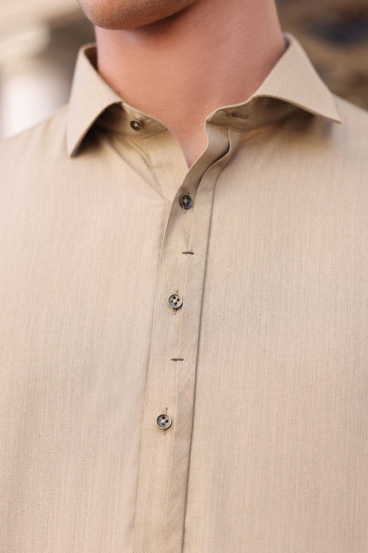 Polyester Viscose Dull Khaki Kurta Shalwar - Wasim Akram by Almirah