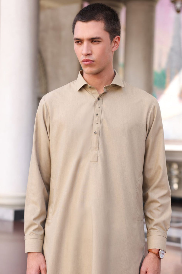 Polyester Viscose Dull Khaki Kurta Shalwar - Wasim Akram by Almirah