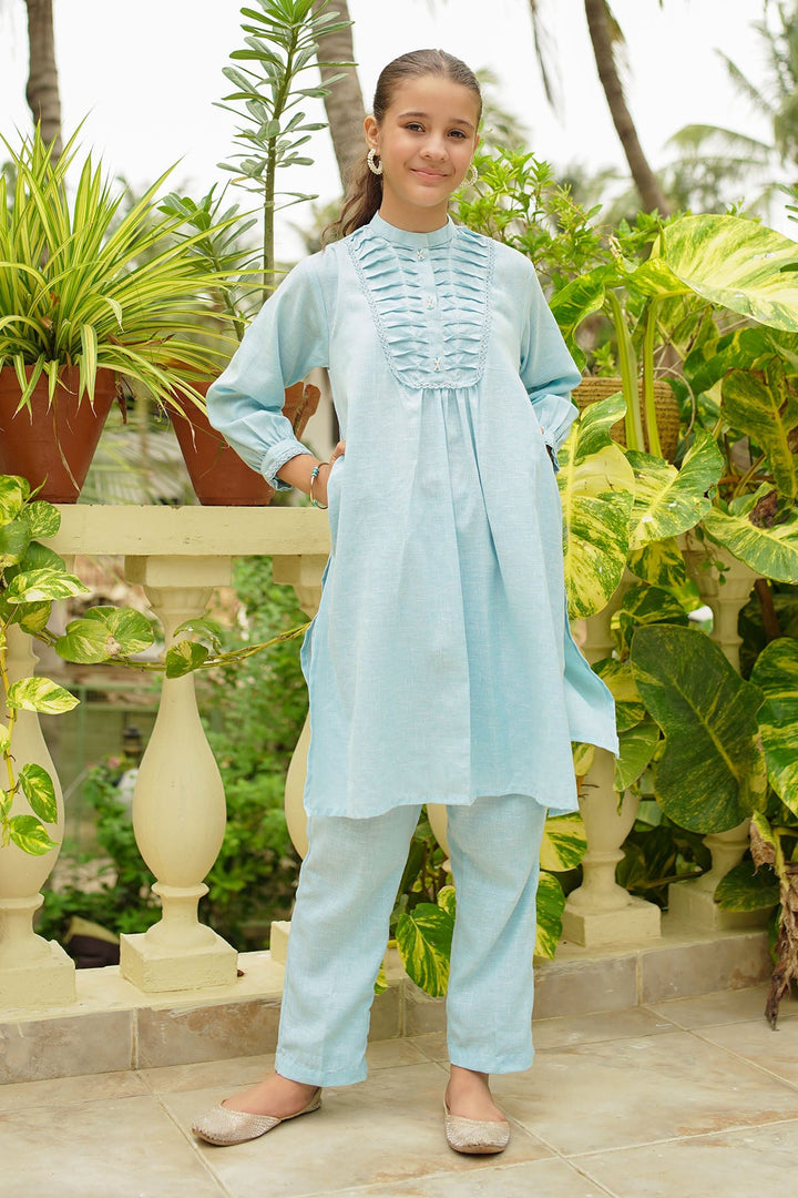 Khaddar Embellished Sky Blue Stitched Suit - Ochre