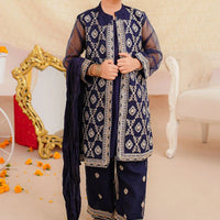 Organza Embroidered Navy Blue Stitched Suit - Ochre