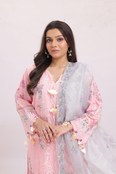 Embroidered Schiffli Lawn Pink Stitched Suit - Sana Safinaz