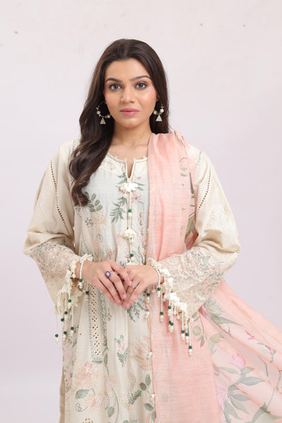 Embroidered Slub Lawn Cream Stitched Suit - Sana Safinaz