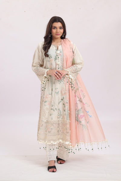 Embroidered Slub Lawn Cream Stitched Suit - Sana Safinaz