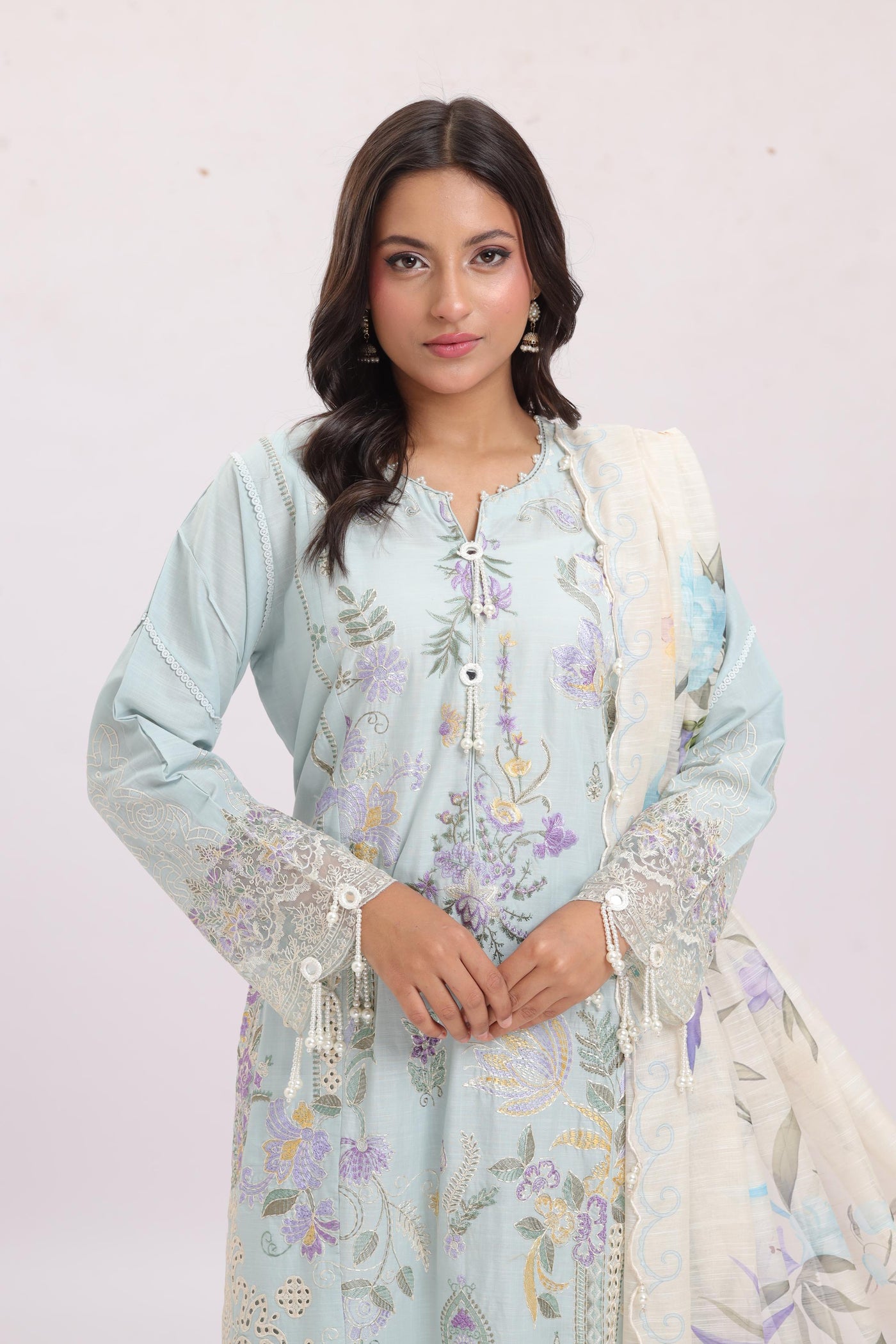 Embroidered Slub Lawn Light Green Stitched Suit - Sana Safinaz