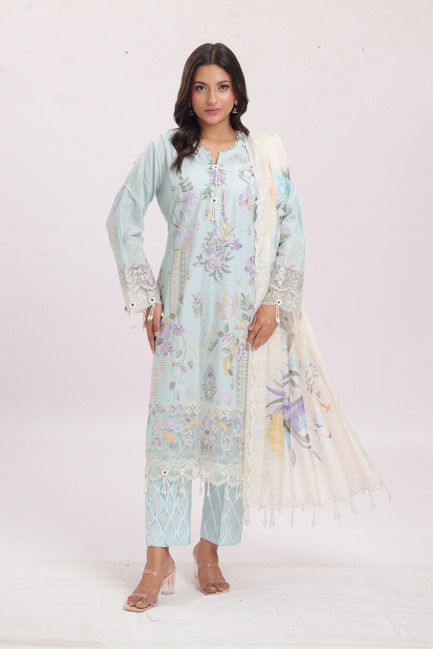 Embroidered Slub Lawn Light Green Stitched Suit - Sana Safinaz