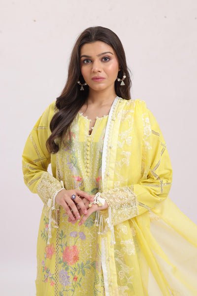 Embroidered Slub Lawn Yellow Stitched Suit - Sana Safinaz