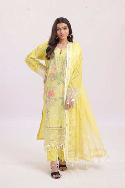 Embroidered Slub Lawn Yellow Stitched Suit - Sana Safinaz