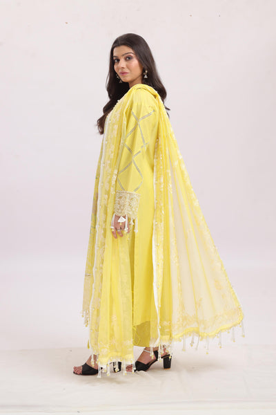 Embroidered Slub Lawn Yellow Stitched Suit - Sana Safinaz