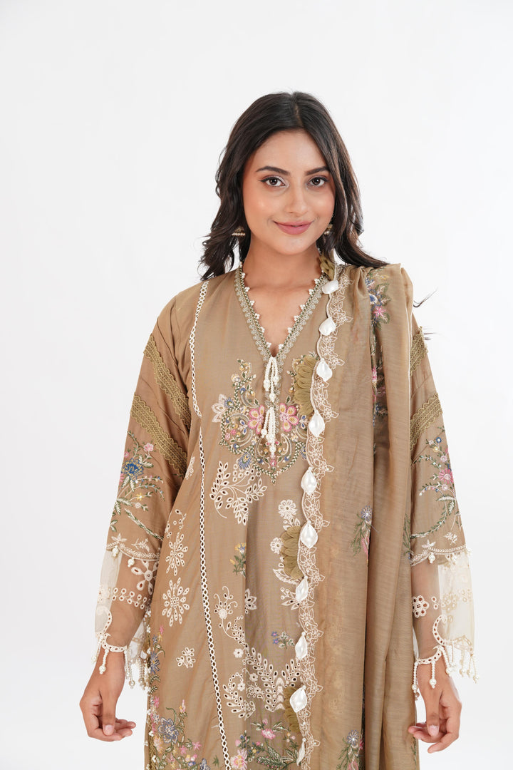 Beige Luxury Lawn Stitched Suit - Sana Safinaz