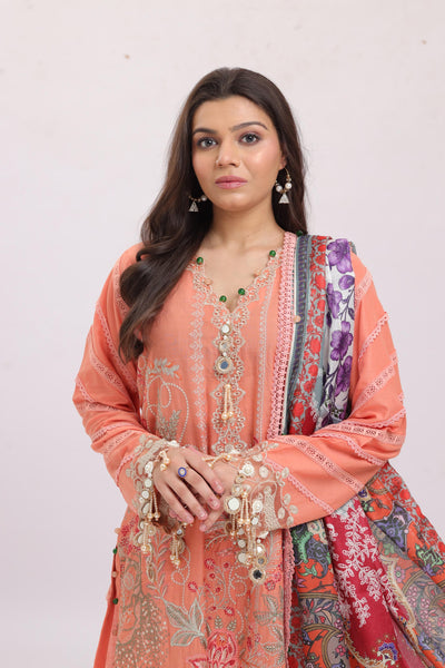 Embroidered Slub Lawn Peach Stitched Suit - Sana Safinaz