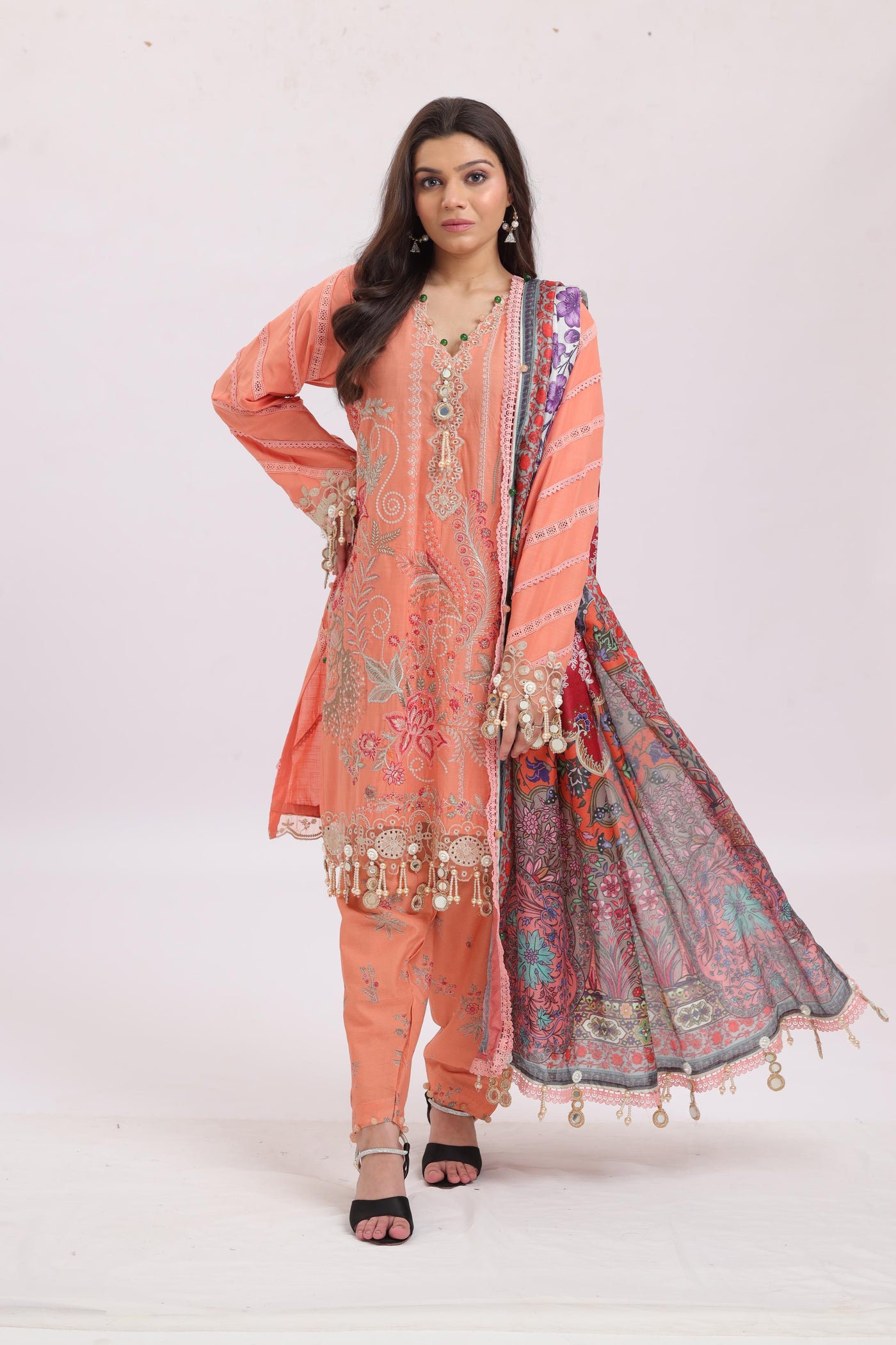 Embroidered Slub Lawn Peach Stitched Suit - Sana Safinaz