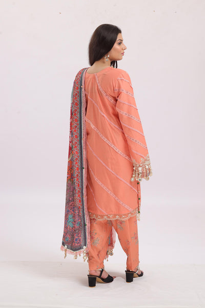 Embroidered Slub Lawn Peach Stitched Suit - Sana Safinaz