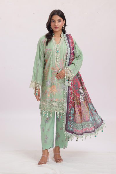 Embroidered Slub Lawn Light Green Stitched Suit - Sana Safinaz