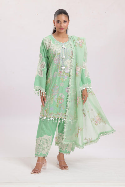 Embroidered Slub Lawn Light Green Stitched Suit - Sana Safinaz