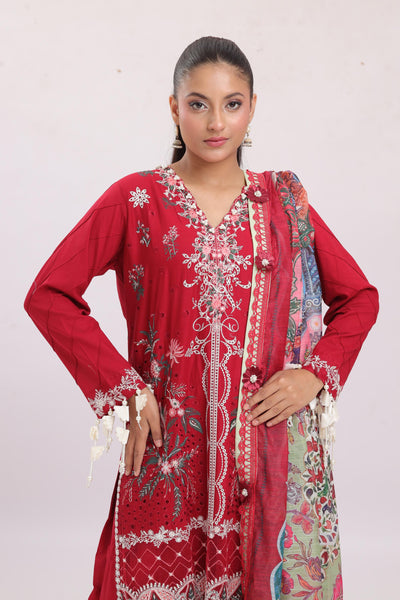 Embroidered Slub Lawn Red Stitched Suit - Sana Safinaz