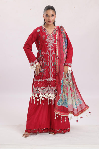 Embroidered Slub Lawn Red Stitched Suit - Sana Safinaz