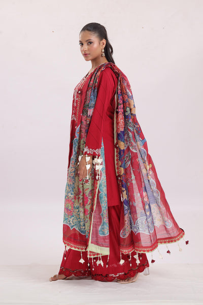 Embroidered Slub Lawn Red Stitched Suit - Sana Safinaz