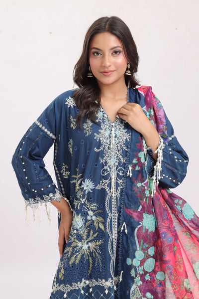 Embroidered Slub Lawn Navy Stitched Suit - Sana Safinaz