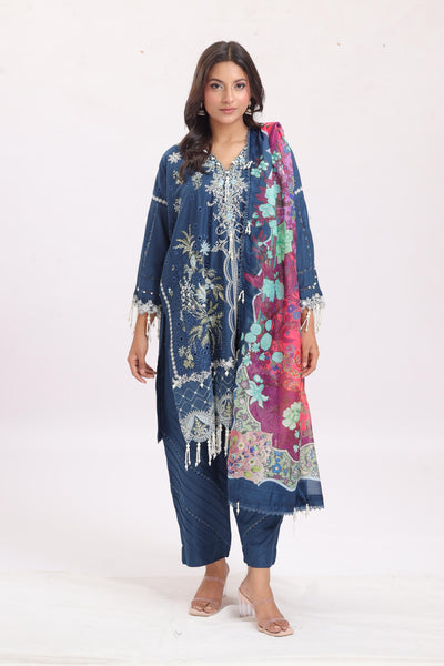 Embroidered Slub Lawn Navy Stitched Suit - Sana Safinaz