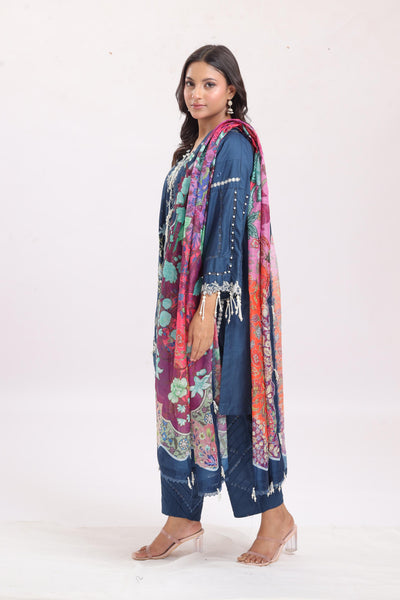 Embroidered Slub Lawn Navy Stitched Suit - Sana Safinaz